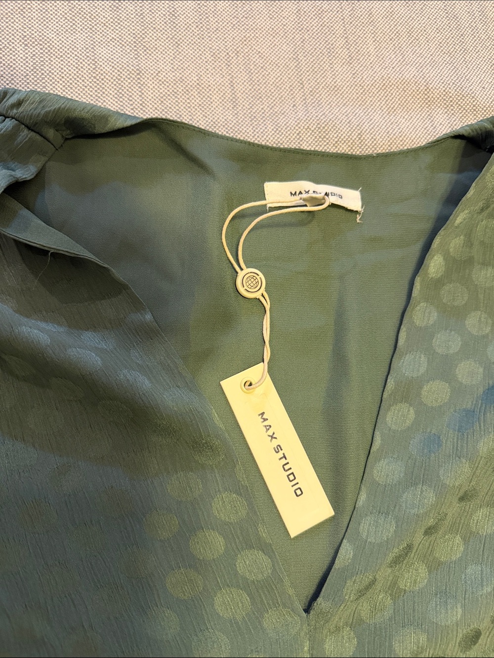 Max Studio Green with dots Pleated Midi Dress with Flutter Sleeves - Picture 5 of 7